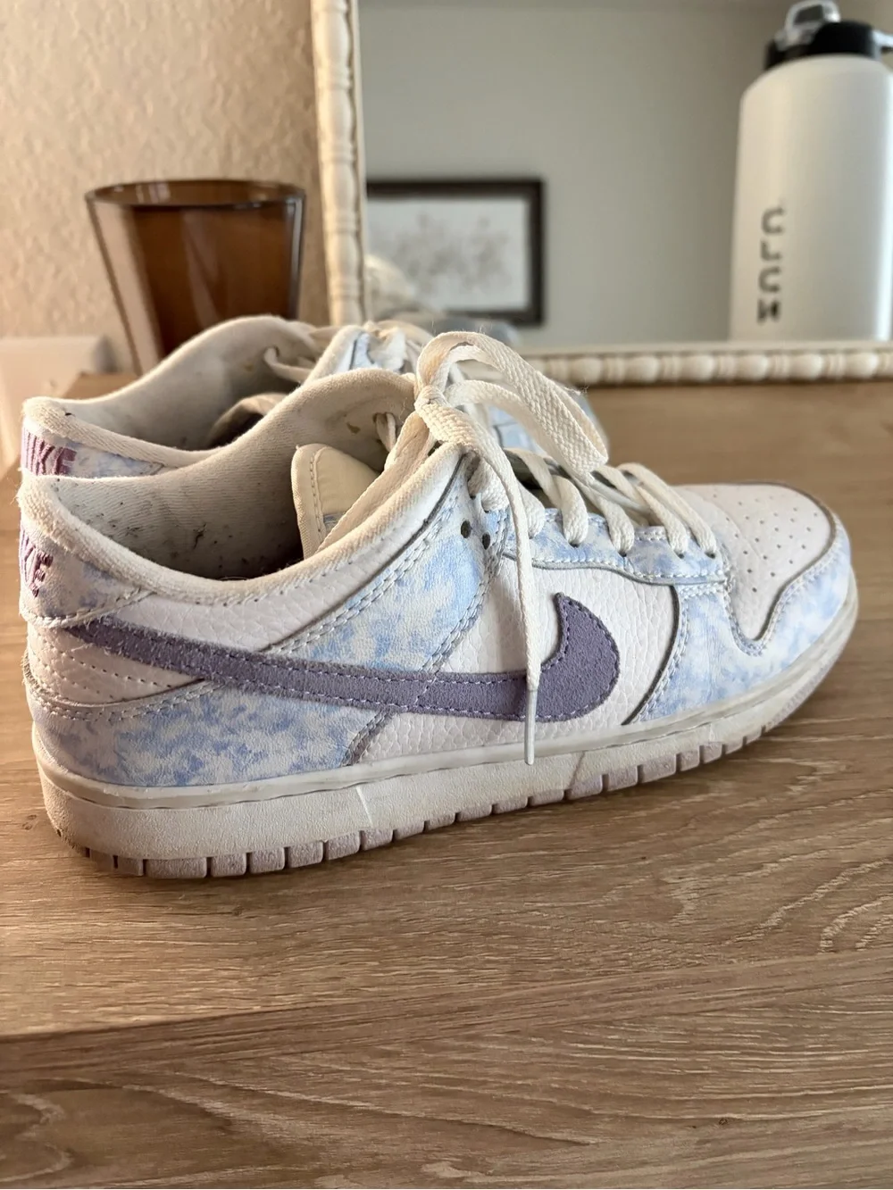 Nike Kids White Nike Dunk with Light Blue Tie-Dye and Purple Swoosh